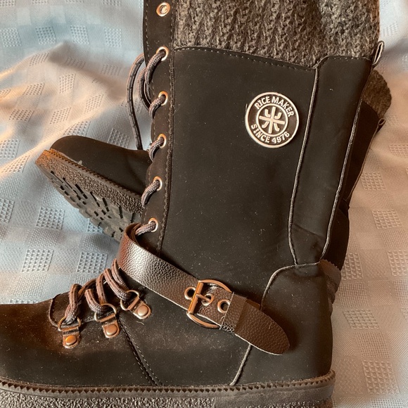 Rice Maker Women’s Zip Lace Boots Black Sz 41 (8) Faux Suede Knit Detail - Picture 7 of 11